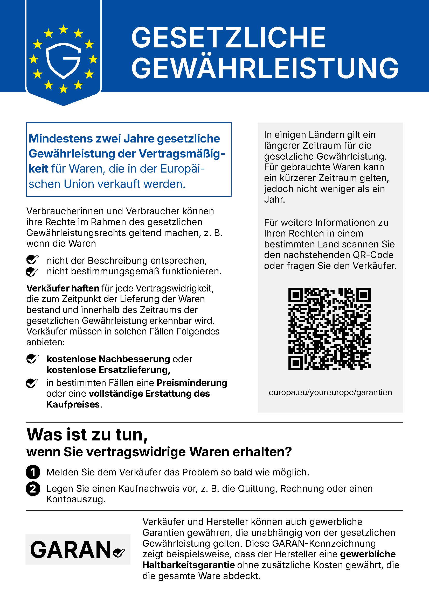 Gewährleistungslabel: Für in der Europäischen Union verkaufte Waren gilt eine gesetzliche Gewährleistung von mindestens zwei Jahren. Wenn Waren nicht ihrer Beschreibung entsprechen oder nicht bestimmungsgemäß funktionieren, wenden Sie sich an den Verkäufer und legen Sie einen Kaufnachweis vor. Der Verkäufer muss eine kostenlose Nachbesserung oder Ersatzlieferung oder in bestimmten Fällen eine Preisminderung oder vollständige Erstattung anbieten.
